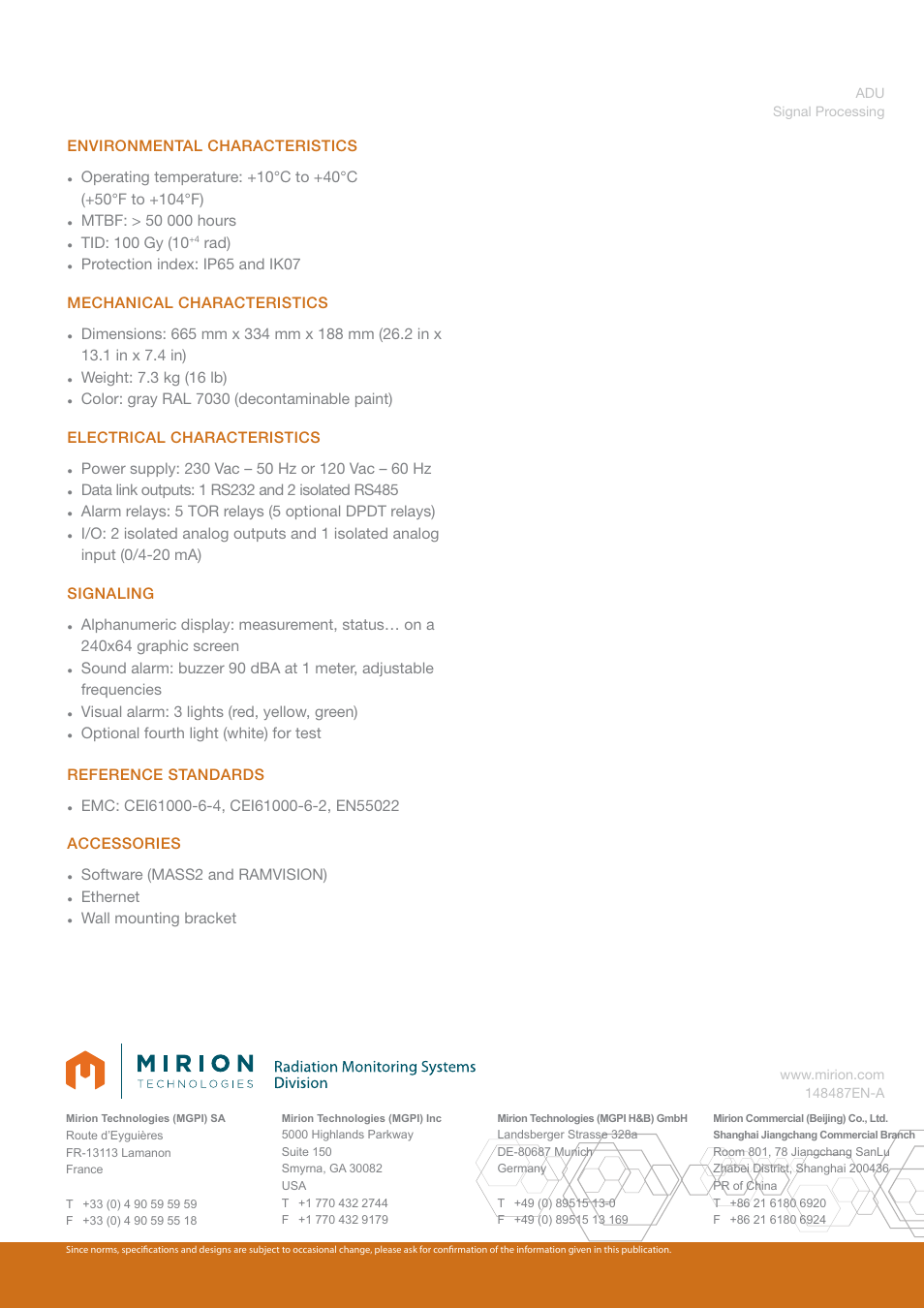 Environmental characteristics, Rad), Weight: 7.3 kg (16 lb) | Visual alarm: 3 lights (red, yellow, green), Software (mass2 and ramvision), Ethernet, Wall mounting bracket | Mirion Technologies ADU User Manual | Page 2 / 2