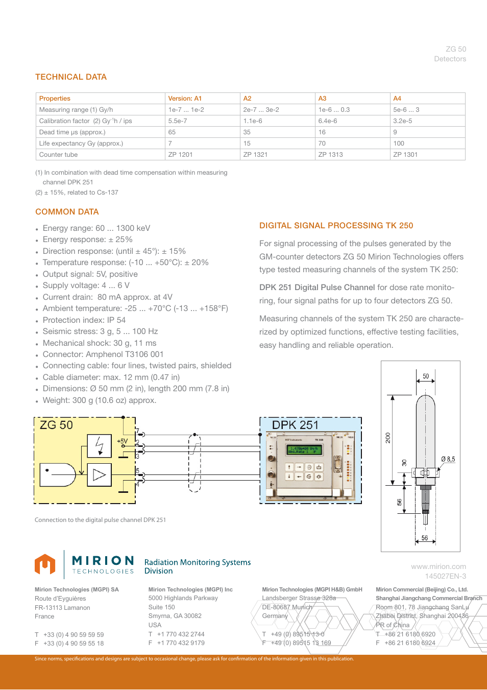 Technical data, Common data, Energy range: 60 0 kev | Energy response: ± 25, Direction response: (until ± 45°): ± 15, Output signal: 5v, positive, Supply voltage: 4 v, Current drain: 80 ma approx. at 4v, Protection index: ip 54, Seismic stress: 3 g, 5 hz | Mirion Technologies ZG 50 User Manual | Page 2 / 2