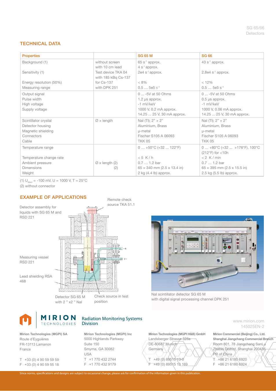 Technical data, Example of applications | Mirion Technologies SG 65_66 User Manual | Page 2 / 2