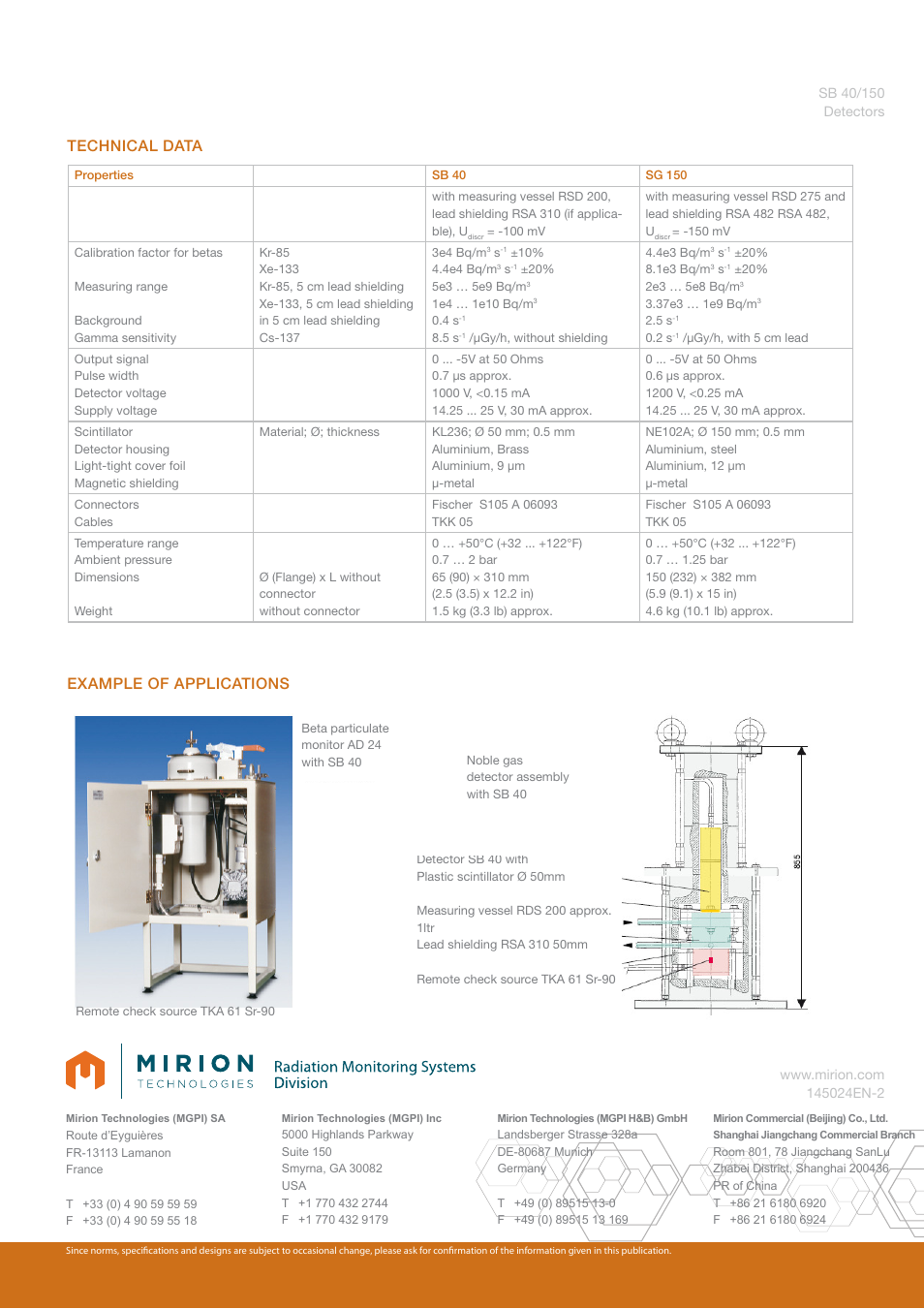 Technical data, Example of applications | Mirion Technologies SB 40_150 User Manual | Page 2 / 2
