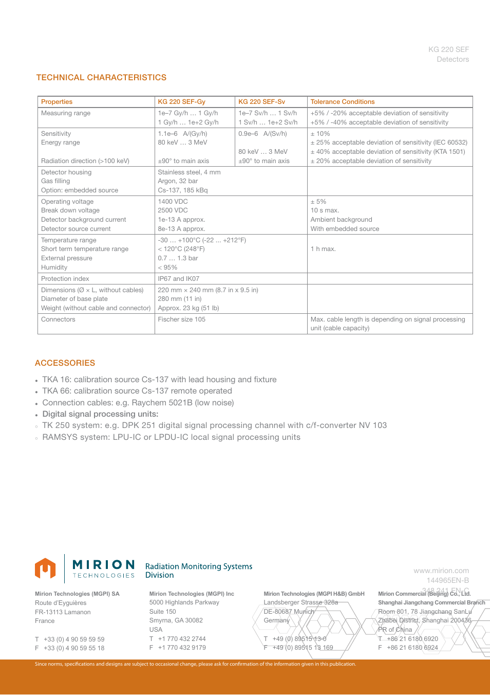 Technical characteristics, Accessories, Connection cables: e.g. raychem 5021b (low noise) | Digital signal processing units | Mirion Technologies KG 220 SEF User Manual | Page 2 / 2