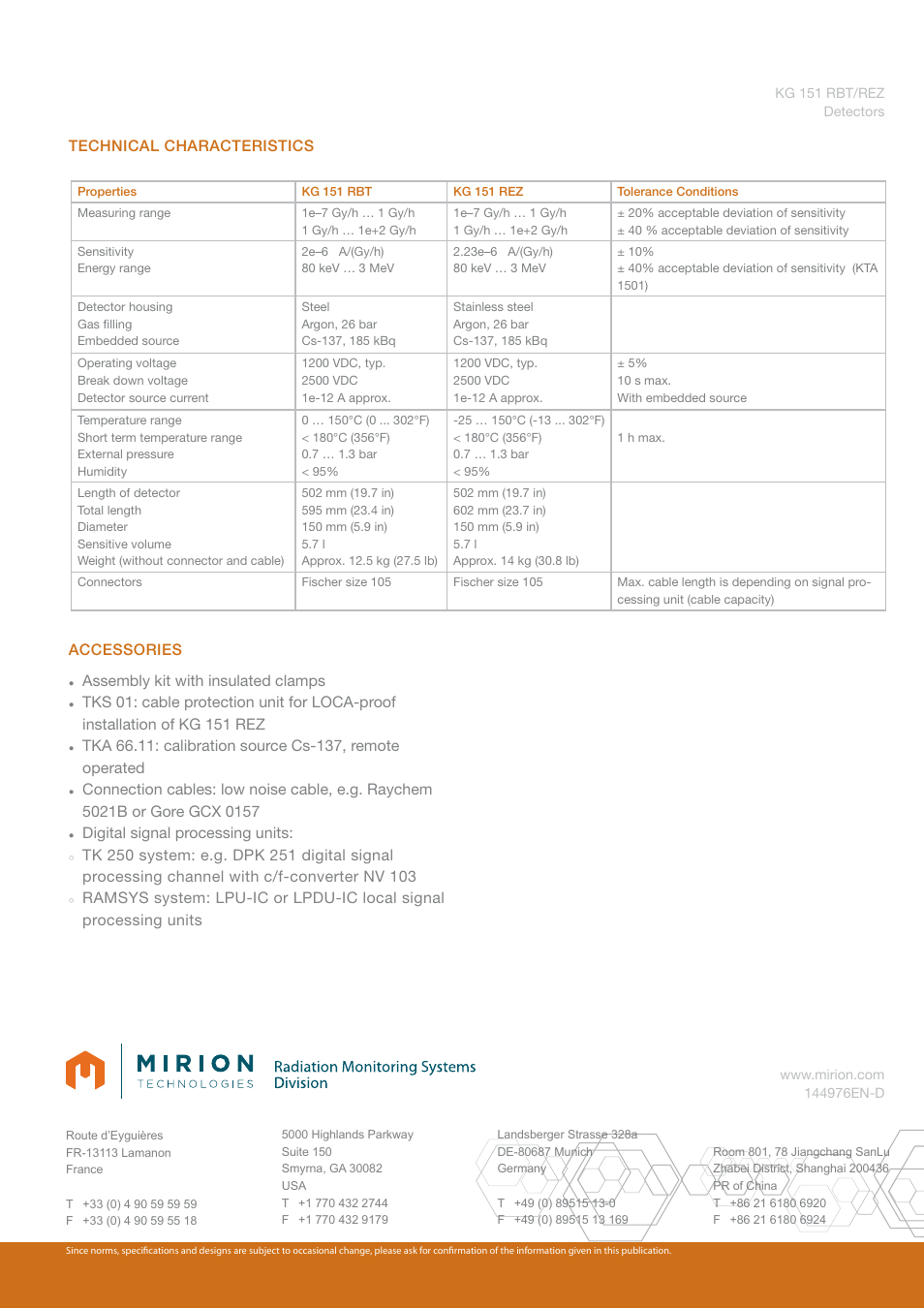 Technical characteristics accessories, Assembly kit with insulated clamps, Digital signal processing units | Mirion Technologies KG 151 RBT_REZ User Manual | Page 2 / 2