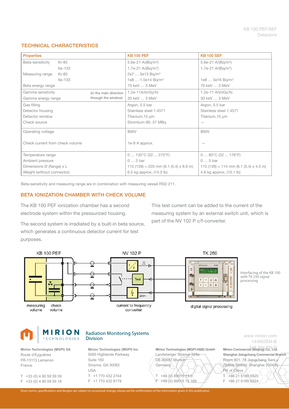 Technical characteristics | Mirion Technologies KB 100 PEF_SEF User Manual | Page 2 / 2