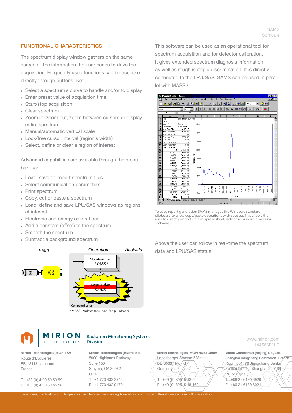 Enter preset value of acquisition time, Start/stop acquisition, Clear spectrum | Manual/automatic vertical scale, Lock/free cursor interval (region’s width), Load, save or import spectrum fi les, Select communication parameters, Print spectrum, Copy, cut or paste a spectrum, Electronic and energy calibrations | Mirion Technologies SAMS User Manual | Page 2 / 2