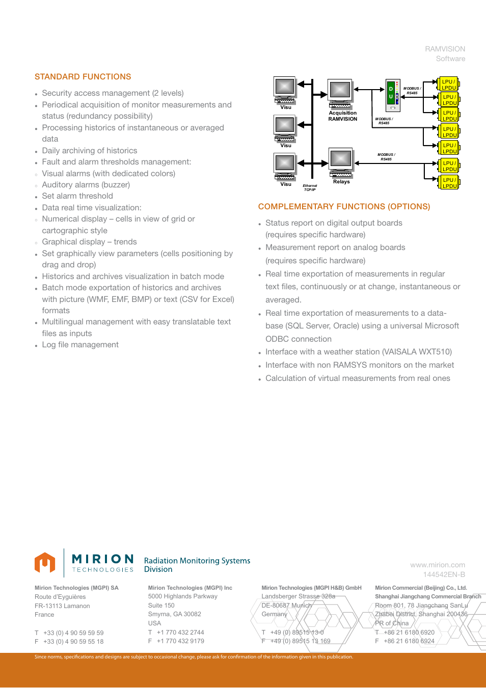 Standard functions, Security access management (2 levels), Daily archiving of historics | Fault and alarm thresholds management, Visual alarms (with dedicated colors), Auditory alarms (buzzer), Set alarm threshold, Data real time visualization, Graphical display – trends, Historics and archives visualization in batch mode | Mirion Technologies RAMVISION User Manual | Page 2 / 2