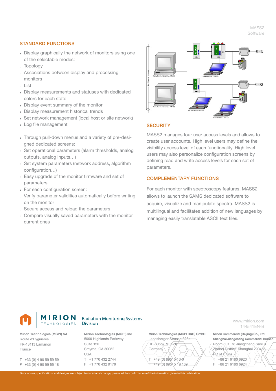 Standard functions, Topology, List | Display event summary of the monitor, Display measurement historical trends, Log fi le management, For each confi guration screen, Secure access and reload the parameters | Mirion Technologies MASS2 User Manual | Page 2 / 2