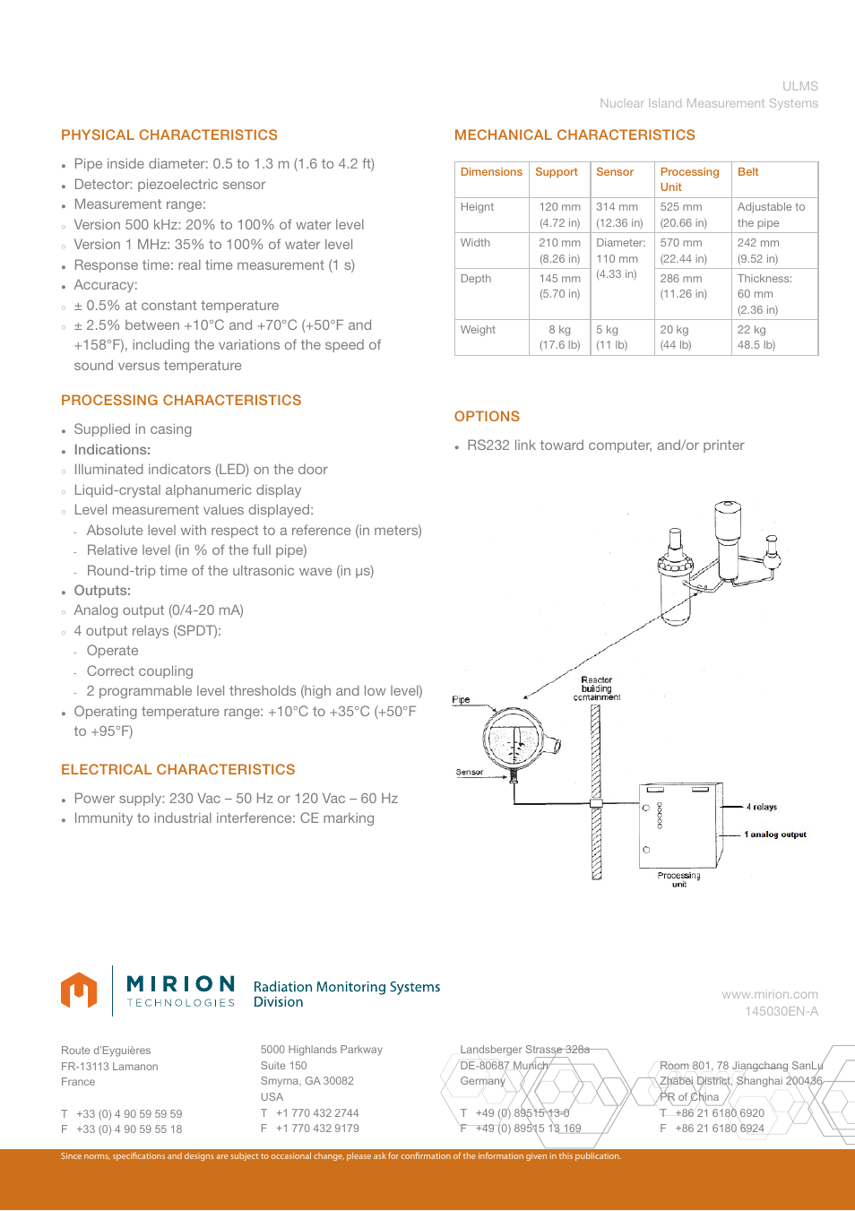 Physical characteristics, Detector: piezoelectric sensor, Measurement range | Response time: real time measurement (1 s), Accuracy, 5% at constant temperature, Supplied in casing, Indications, Illuminated indicators (led) on the door, Liquid-crystal alphanumeric display | Mirion Technologies ULMS User Manual | Page 2 / 2