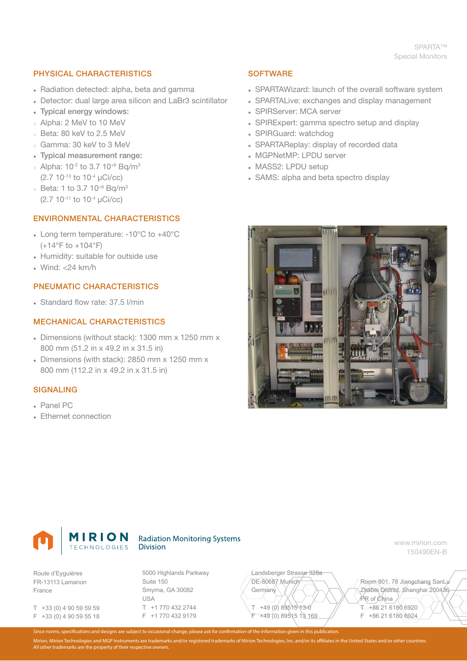 Physical characteristics, Radiation detected: alpha, beta and gamma, Typical energy windows | Alpha: 2 mev to 10 mev, Beta: 80 kev to 2.5 mev, Gamma: 30 kev to 3 mev, Typical measurement range, Alpha: 10, Bq/m, Μci/cc) | Mirion Technologies SPARTA User Manual | Page 2 / 2