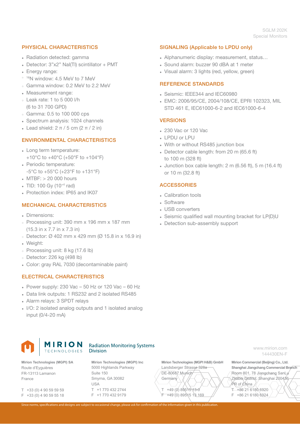 Physical characteristics, Radiation detected: gamma, Detector: 3”x2” nai(ti) scintillator + pmt | Energy range, N window: 4.5 mev to 7 mev, Gamma window: 0.2 mev to 2.2 mev, Measurement range, Spectrum analysis: 1024 channels, Rad), Dimensions | Mirion Technologies SGLM 202K User Manual | Page 2 / 2