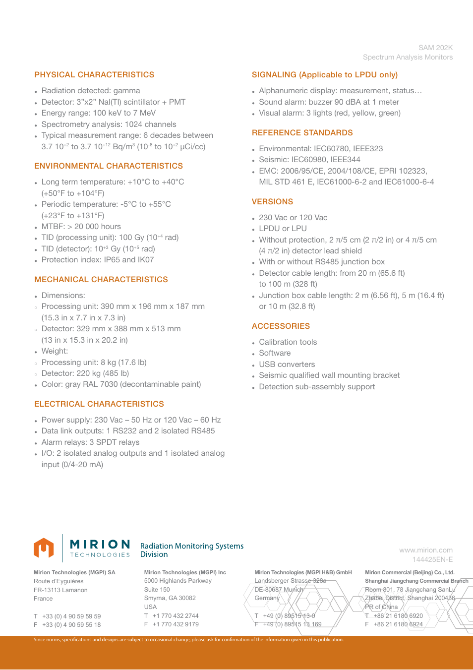 Physical characteristics, Radiation detected: gamma, Detector: 3”x2” nai(ti) scintillator + pmt | Energy range: 100 kev to 7 mev, Spectrometry analysis: 1024 channels, Bq/m, Μci/cc) environmental characteristics, Rad), Tid (detector): 10, Gy (10 | Mirion Technologies SAM 202K User Manual | Page 2 / 2