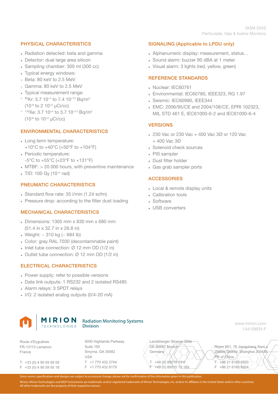 Physical characteristics, Radiation detected: beta and gamma, Detector: dual large area silicon | Typical energy windows, Beta: 80 kev to 2.5 mev, Gamma: 80 kev to 2.5 mev, Typical measurement range, Kr: 3.7 10, Bq/m, Μci/cc) | Mirion Technologies NGM 204S User Manual | Page 2 / 2