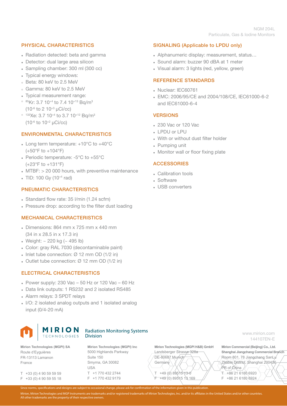 Physical characteristics, Radiation detected: beta and gamma, Detector: dual large area silicon | Typical energy windows, Beta: 80 kev to 2.5 mev, Gamma: 80 kev to 2.5 mev, Typical measurement range, Kr: 3.7 10, Bq/m, Μci/cc) | Mirion Technologies NGM 204L User Manual | Page 2 / 2