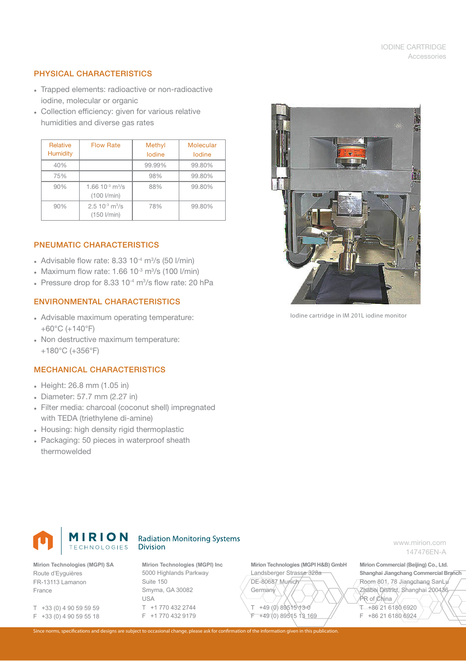 Physical characteristics, Pneumatic characteristics, S (50 l/min) | S (100 l/min), S fl ow rate: 20 hpa environmental characteristics, Housing: high density rigid thermoplastic | Mirion Technologies Iodine Cartridge 12217 User Manual | Page 2 / 2