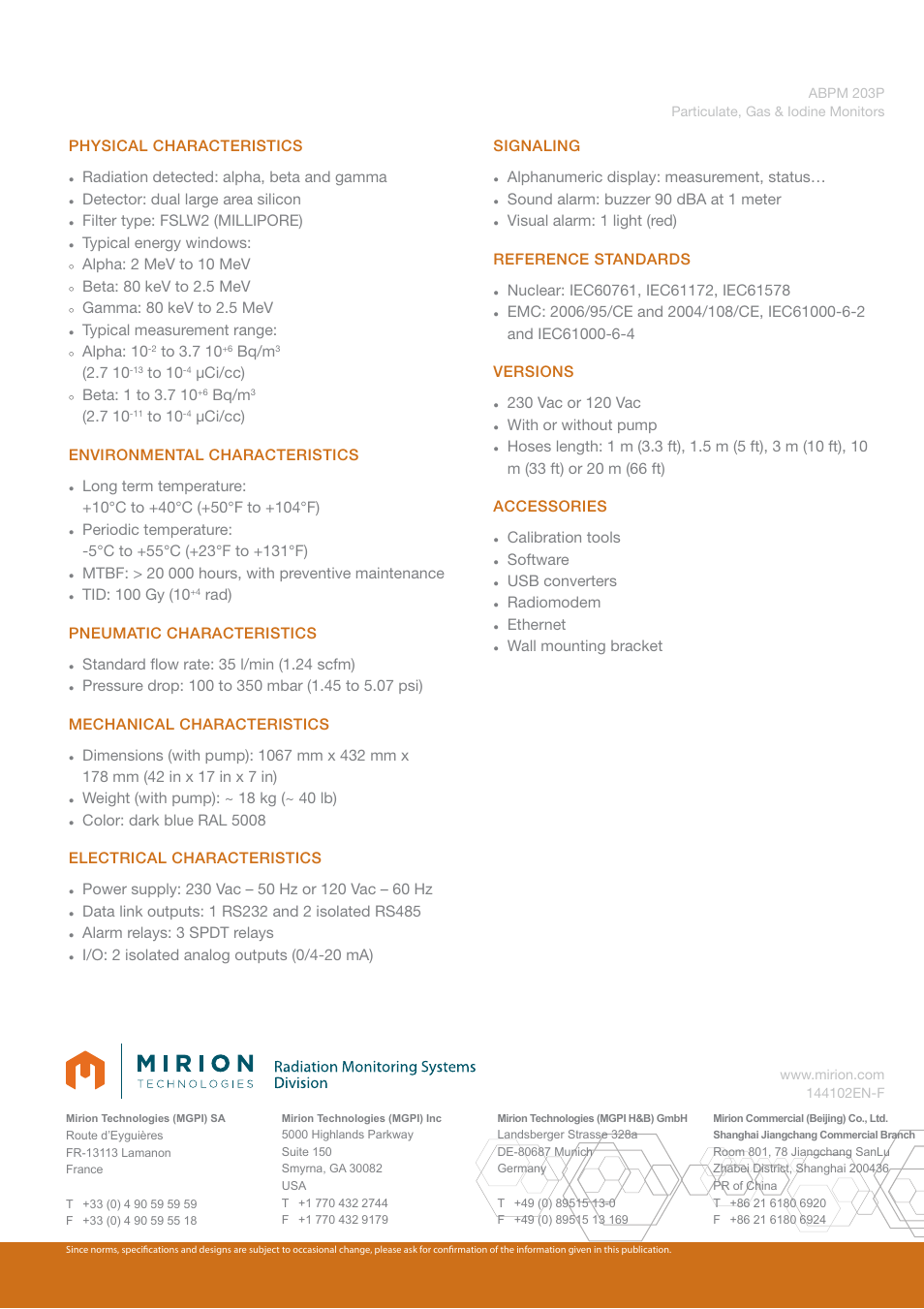 Physical characteristics, Radiation detected: alpha, beta and gamma, Detector: dual large area silicon | Filter type: fslw2 (millipore), Typical energy windows, Alpha: 2 mev to 10 mev, Beta: 80 kev to 2.5 mev, Gamma: 80 kev to 2.5 mev, Typical measurement range, Alpha: 10 | Mirion Technologies ABPM 203P User Manual | Page 2 / 2