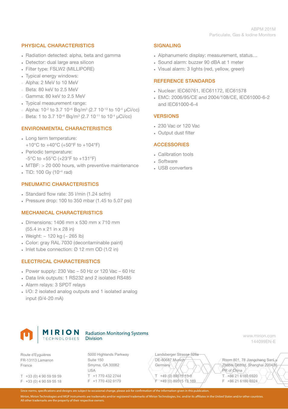 Physical characteristics, Radiation detected: alpha, beta and gamma, Detector: dual large area silicon | Filter type: fslw2 (millipore), Typical energy windows, Alpha: 2 mev to 10 mev, Beta: 80 kev to 2.5 mev, Gamma: 80 kev to 2.5 mev, Typical measurement range, Alpha: 10 | Mirion Technologies ABPM 201M User Manual | Page 2 / 2