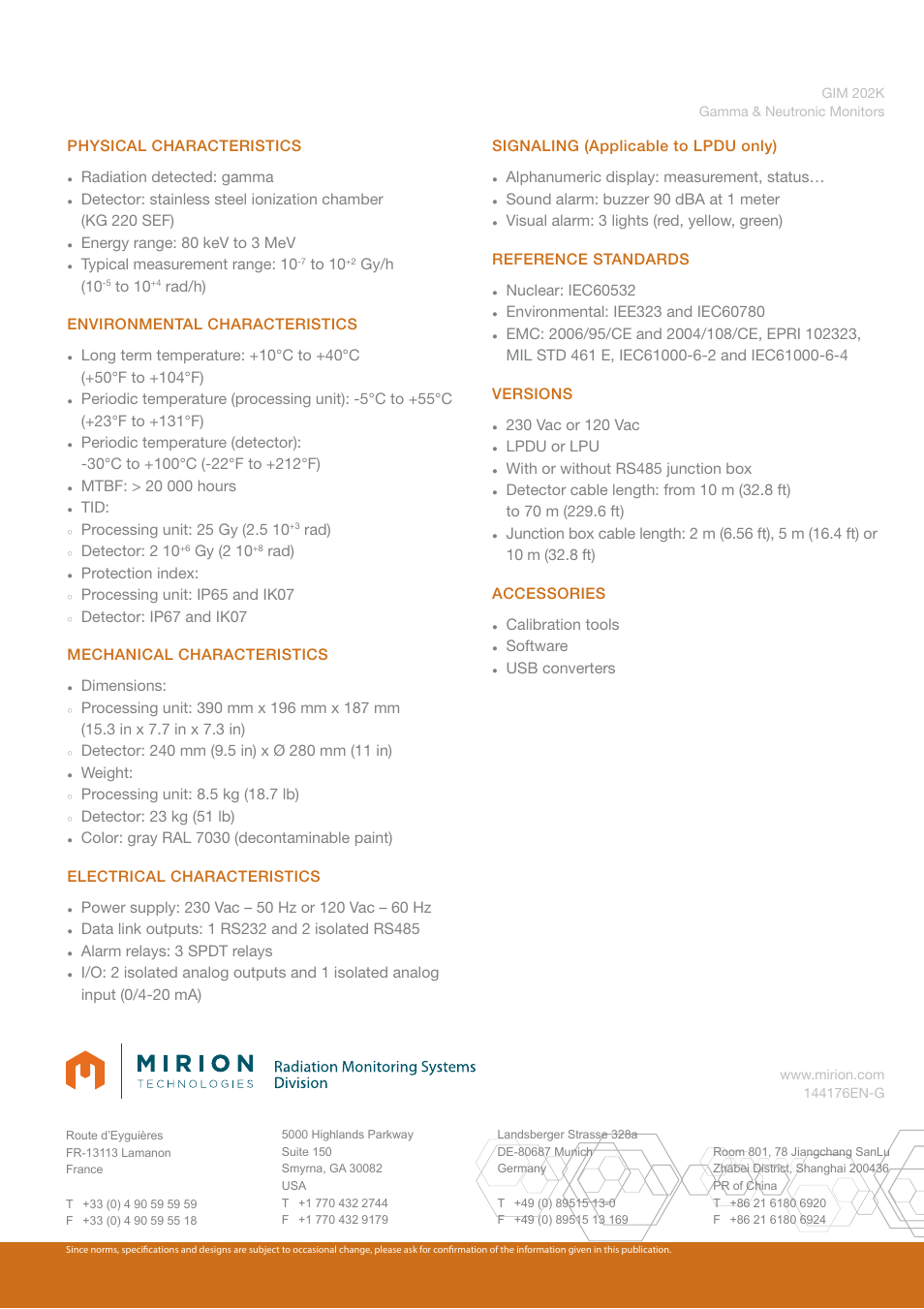 Physical characteristics, Radiation detected: gamma, Energy range: 80 kev to 3 mev | Typical measurement range: 10, Gy/h (10, Rad/h) environmental characteristics, Rad), Detector: 2 10, Gy (2 10, Protection index | Mirion Technologies GIM 202K User Manual | Page 2 / 2