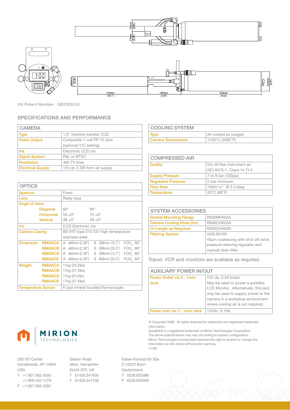 Specifications and performance camera, Optics, Cooling system | Compressed air, System accessories | Mirion Technologies R660 Ventus III User Manual | Page 2 / 2