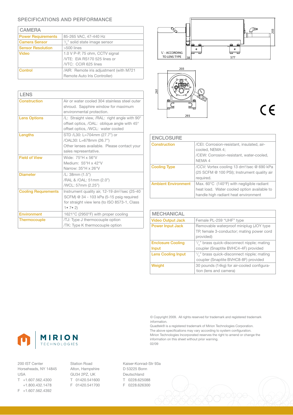 Specifications and performance camera, Lens, Enclosure | Mechanical | Mirion Technologies M540 Lynx User Manual | Page 2 / 2