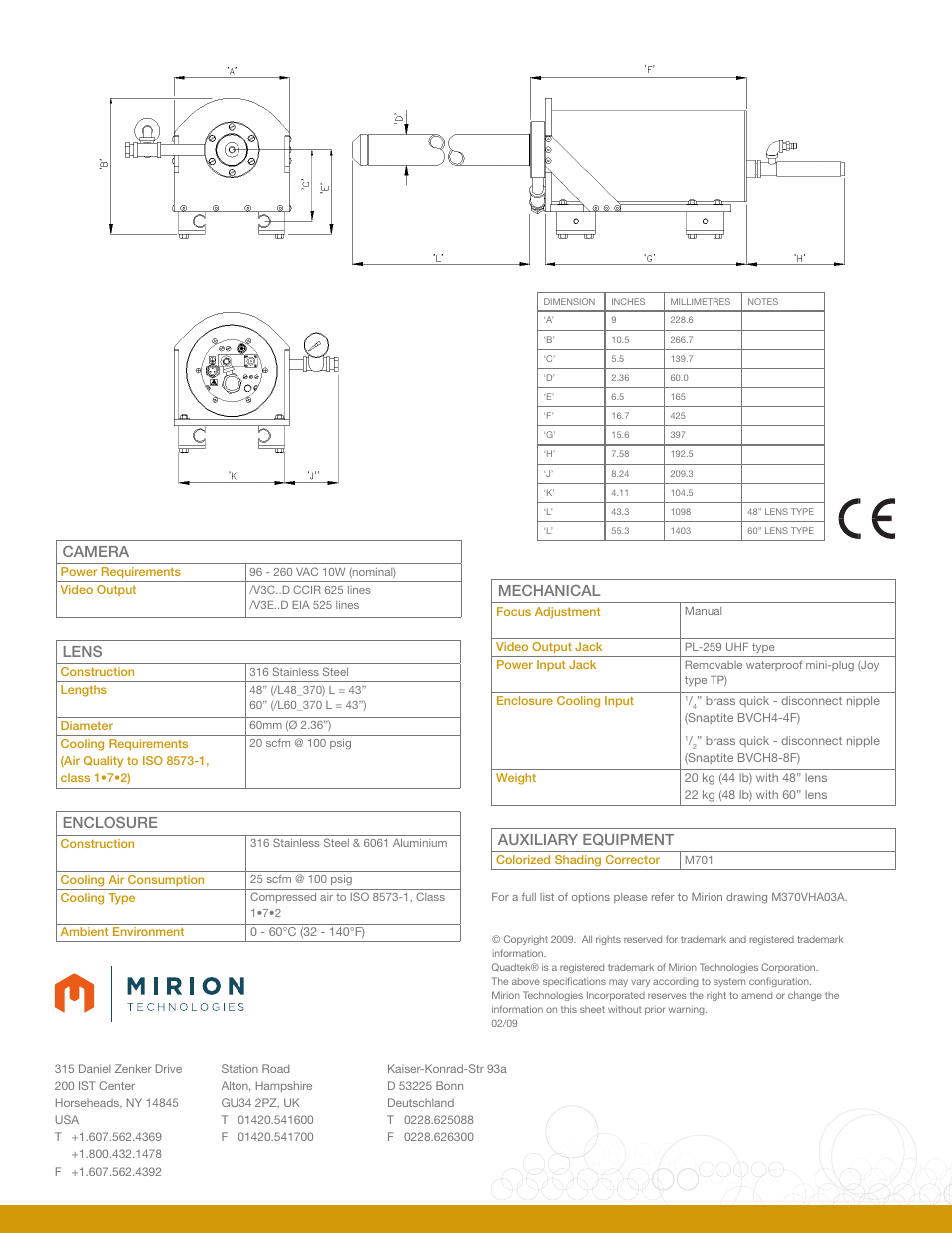 Camera, Lens, Enclosure | Mechanical, Auxiliary equipment | Mirion Technologies M370 BedBug V User Manual | Page 2 / 2
