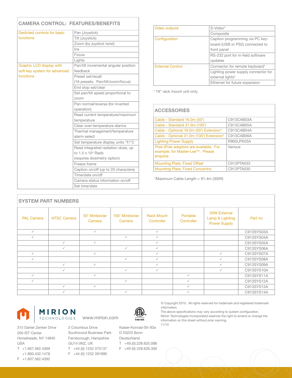 System part numbers, Camera control: features/benefits, Accessories | Mirion Technologies RC913 Mini PTZ Mk2 User Manual | Page 4 / 4