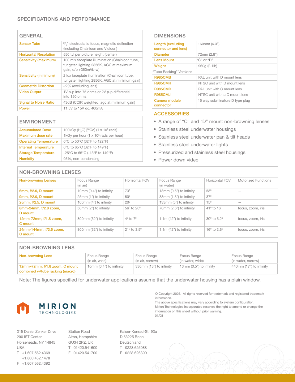 General, Specifications and performance environment, Dimensions | Non-browning lenses | Mirion Technologies R985 User Manual | Page 2 / 2