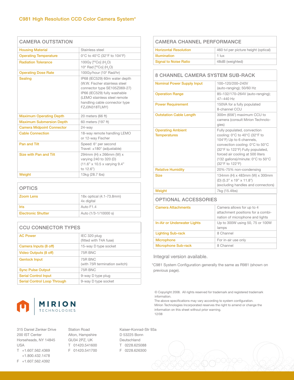 Camera outstation, 8 channel camera system sub-rack, Ccu connector types | Optional accessories, Integral version available, Camera channel performance, Optics, C981 high resolution ccd color camera system | Mirion Technologies R981_C981 User Manual | Page 4 / 4