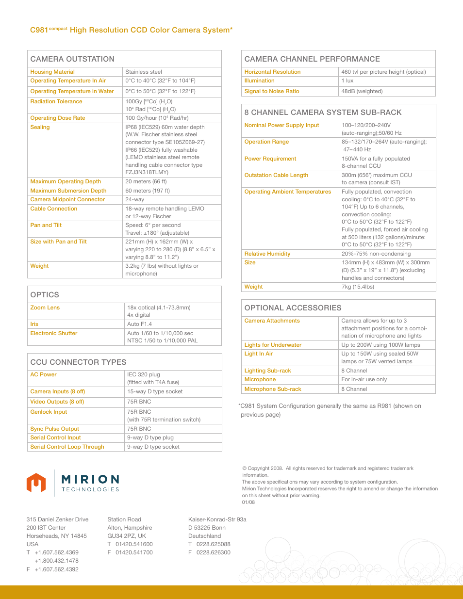 Camera outstation, 8 channel camera system sub-rack, Ccu connector types | Optional accessories, Camera channel performance, Optics, C981, High resolution ccd color camera system | Mirion Technologies R981_C981 Compact User Manual | Page 4 / 4