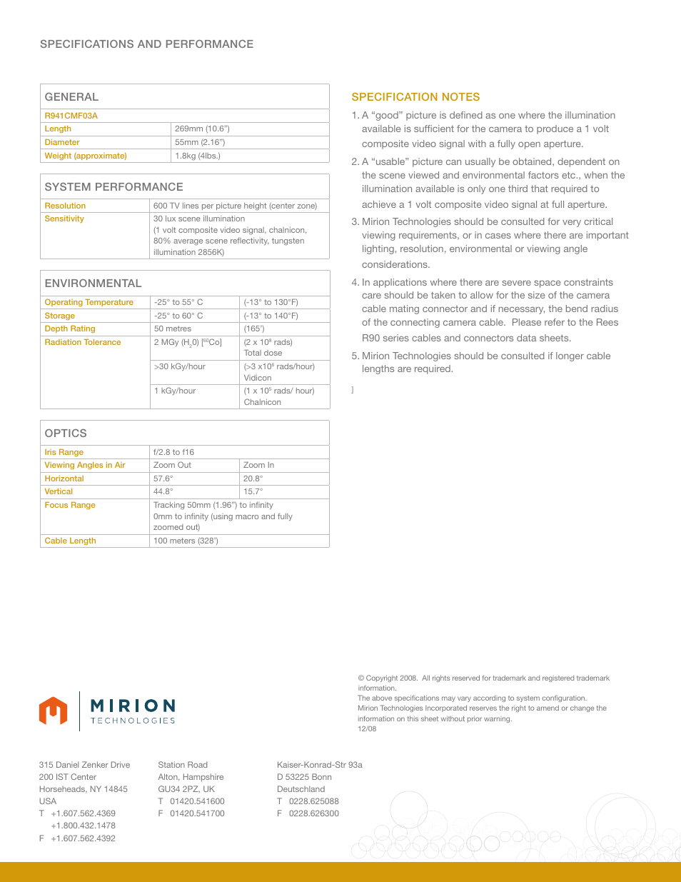 Specifications and performance general, System performance, Environmental | Optics | Mirion Technologies R941 User Manual | Page 2 / 2