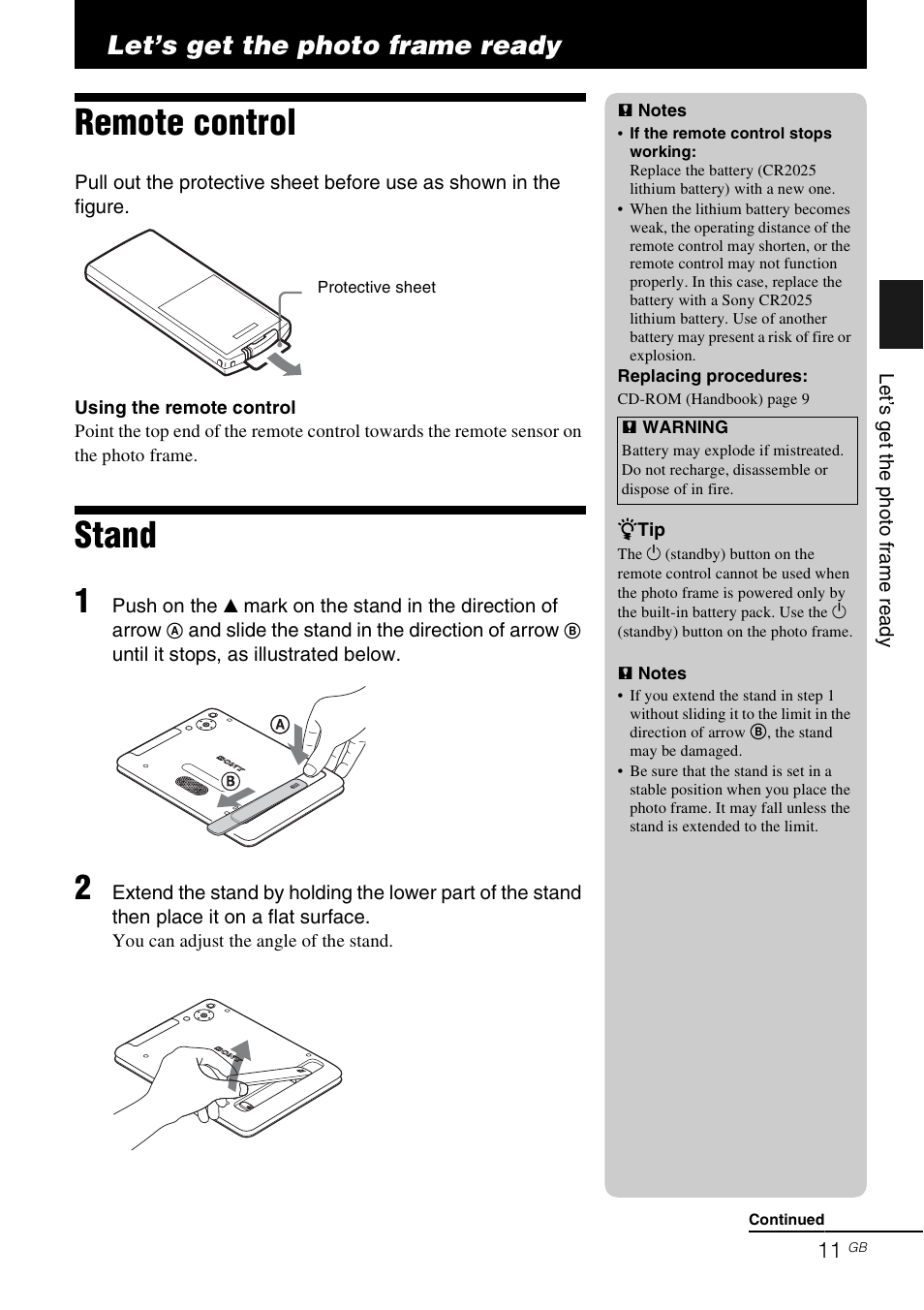 Let’s get the photo frame ready, Remote control, Stand | Let’s get the photo, Frame ready, Remote control stand | Sony DPF-D830 User Manual | Page 11 / 40