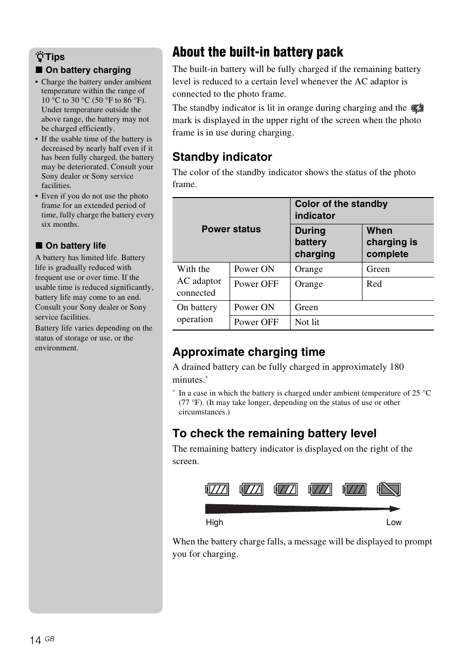 About the built-in battery pack, Standby indicator, Approximate charging time | Sony DPF-D830 User Manual | Page 14 / 40