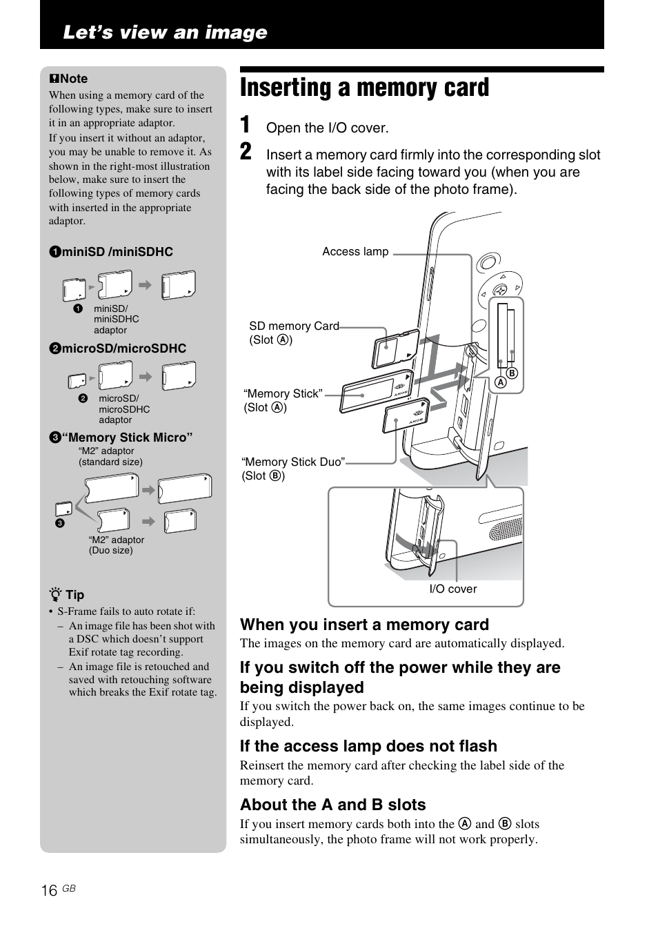 Let’s view an image, Inserting a memory card, If the access lamp does not flash | About the a and b slots | Sony DPF-D830 User Manual | Page 16 / 40
