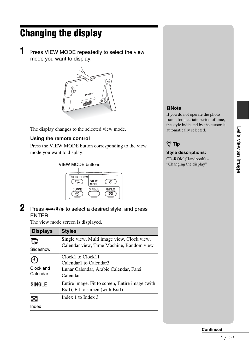 Changing the display | Sony DPF-D830 User Manual | Page 17 / 40
