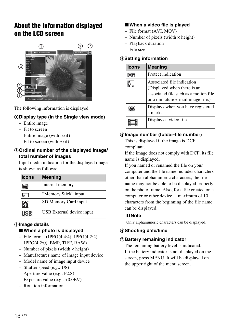 About the information displayed on the lcd screen | Sony DPF-D830 User Manual | Page 18 / 40