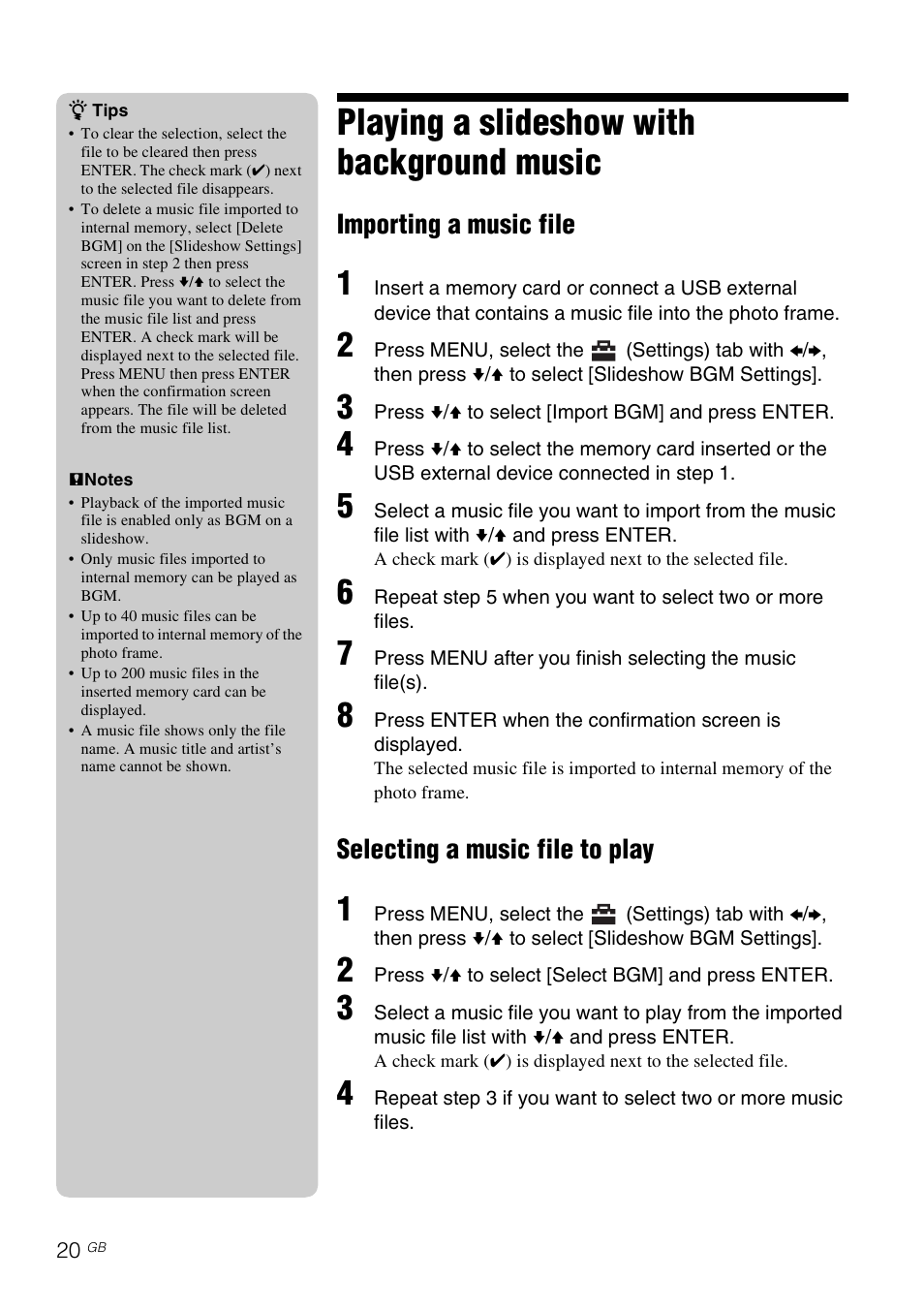 Playing a slideshow with background music, Importing a music file, Selecting a music file to play | Sony DPF-D830 User Manual | Page 20 / 40