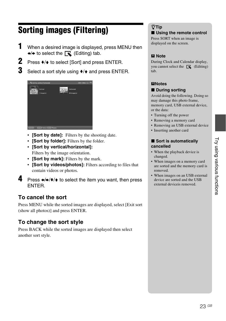 Sorting images (filtering) | Sony DPF-D830 User Manual | Page 23 / 40