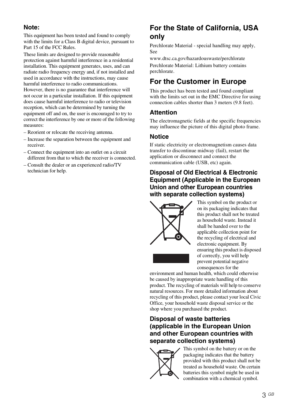 For the state of california, usa only, For the customer in europe | Sony DPF-D830 User Manual | Page 3 / 40