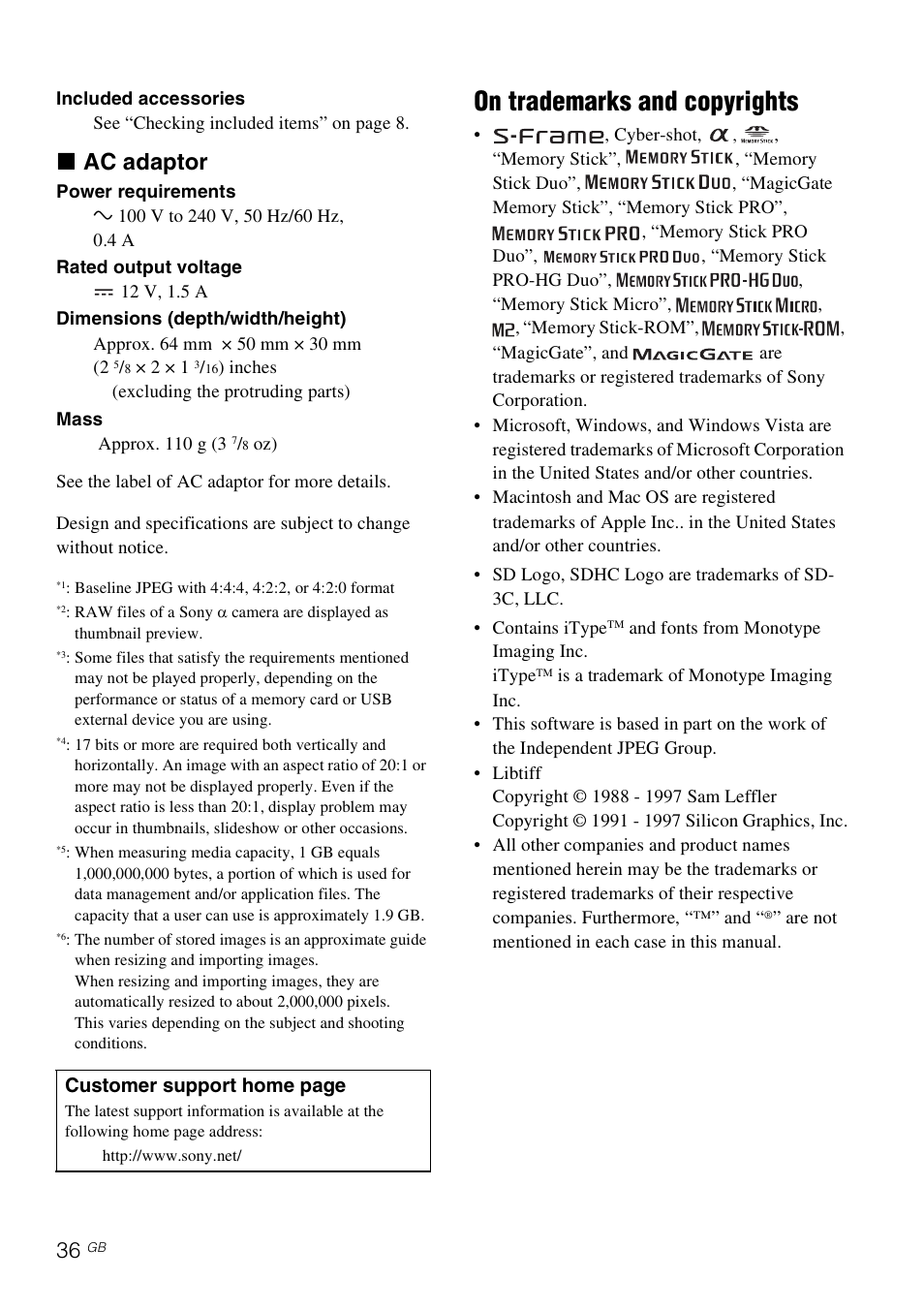 On trademarks and copyrights, X ac adaptor | Sony DPF-D830 User Manual | Page 36 / 40