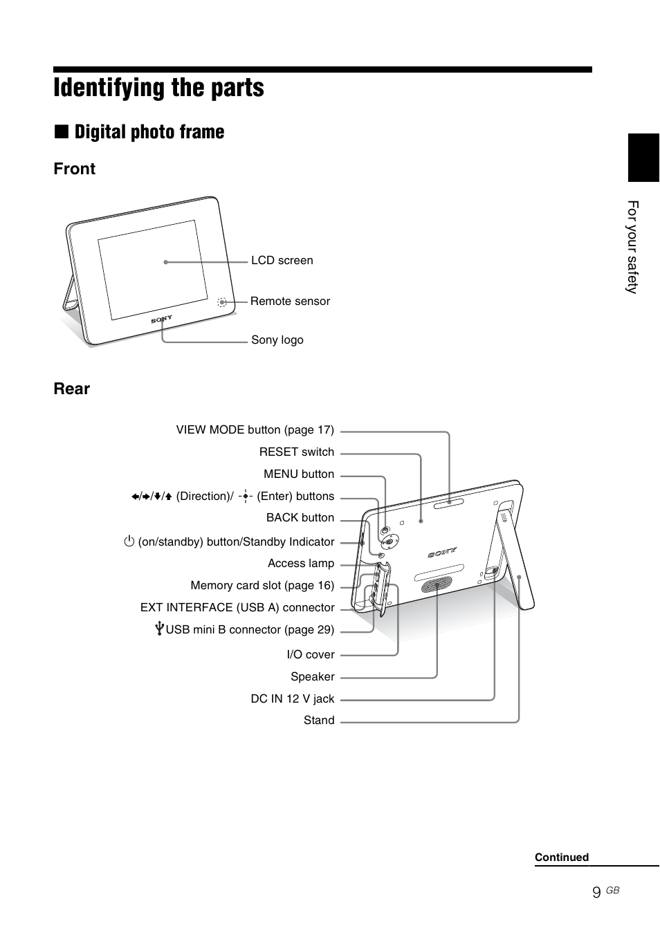 Identifying the parts, Digital photo frame, Xdigital photo frame | Front rear | Sony DPF-D830 User Manual | Page 9 / 40