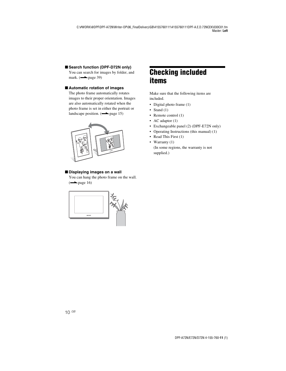 Checking included items | Sony DPF-D72N User Manual | Page 10 / 64