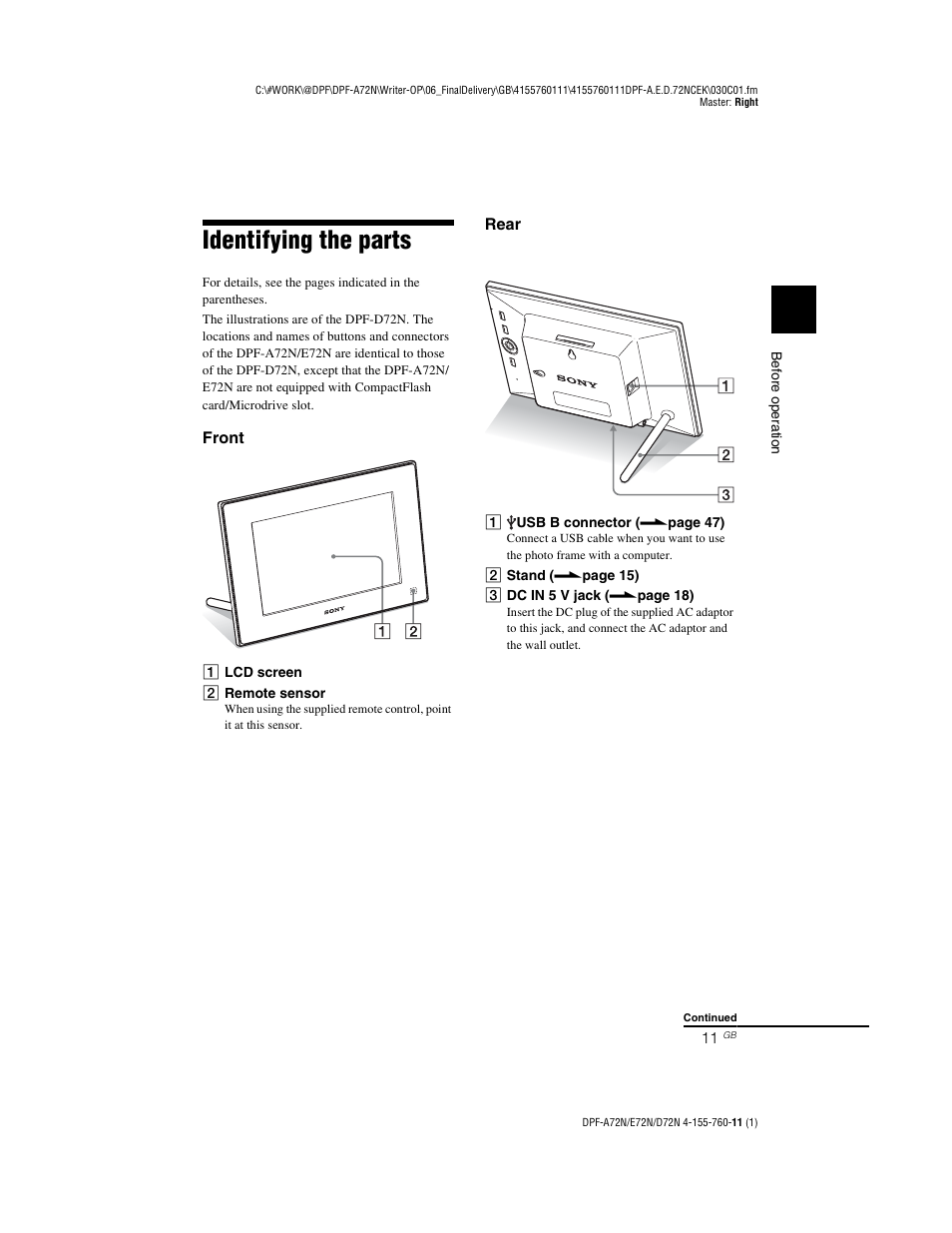 Identifying the parts | Sony DPF-D72N User Manual | Page 11 / 64