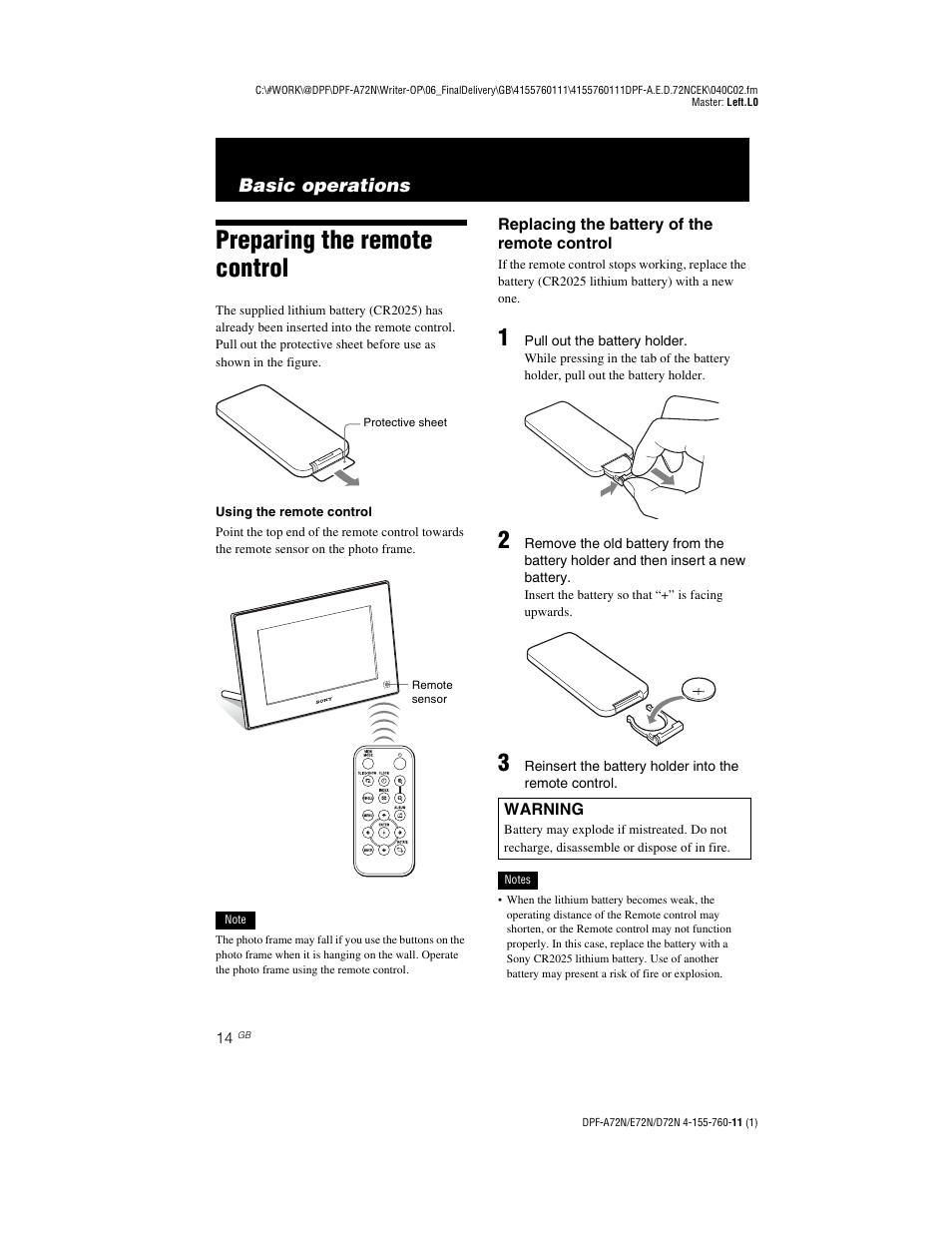 Basic operations, Preparing the remote control | Sony DPF-D72N User Manual | Page 14 / 64