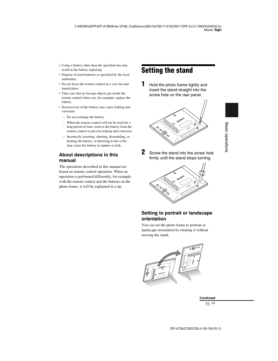 Setting the stand | Sony DPF-D72N User Manual | Page 15 / 64