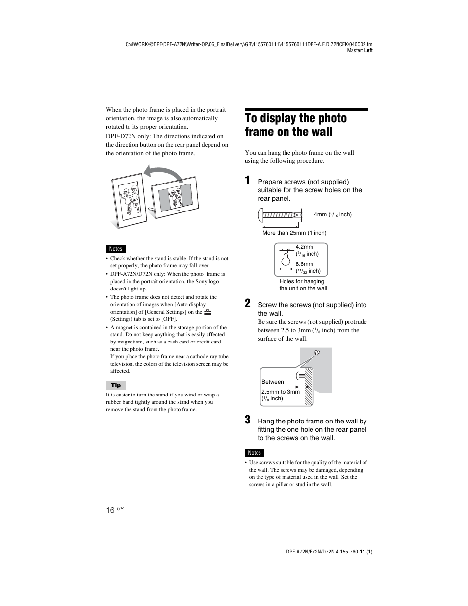 To display the photo frame on the wall | Sony DPF-D72N User Manual | Page 16 / 64
