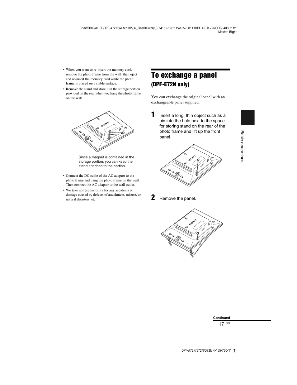 To exchange a panel (dpf-e72n only), Dpf-e72n only) | Sony DPF-D72N User Manual | Page 17 / 64