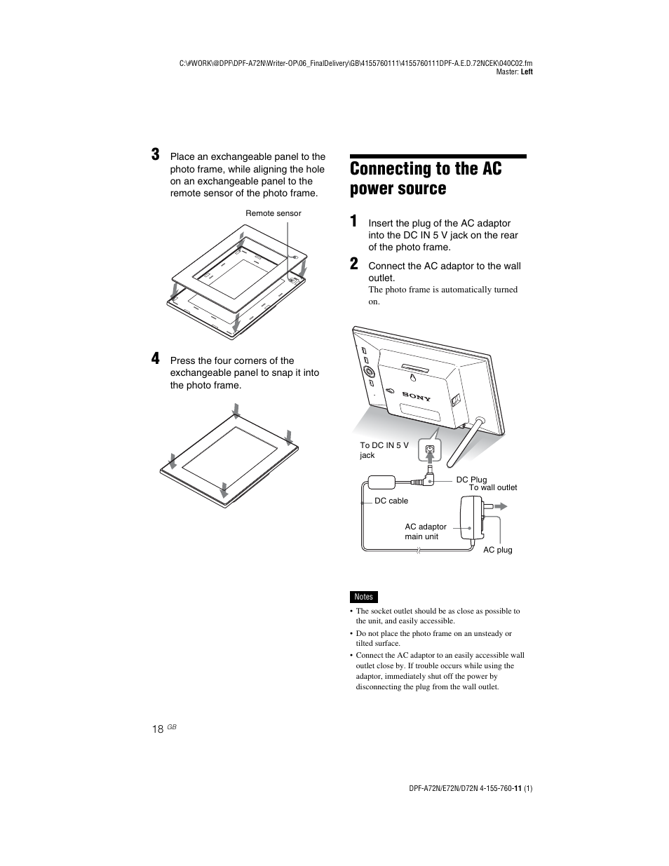 Connecting to the ac power source | Sony DPF-D72N User Manual | Page 18 / 64