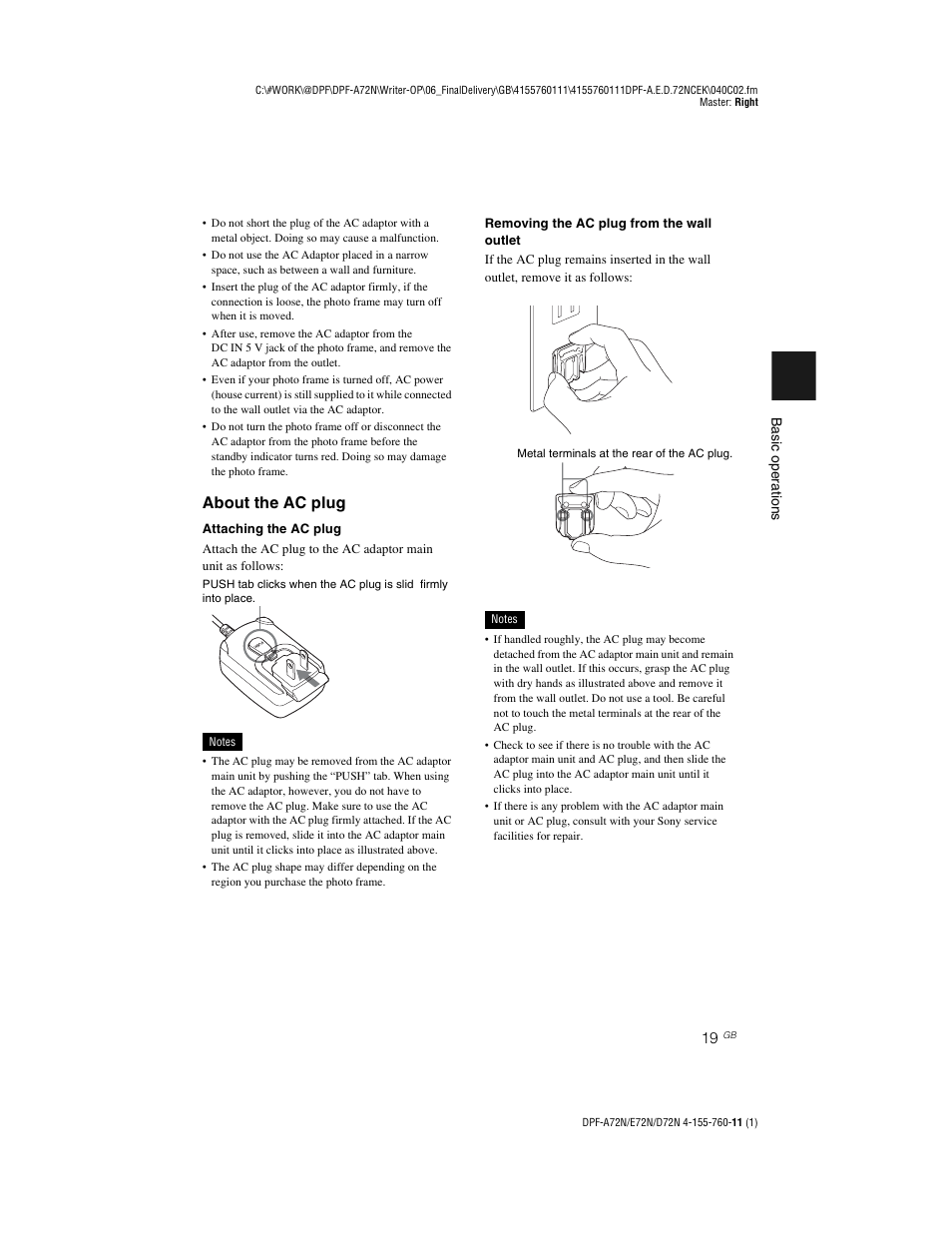 About the ac plug | Sony DPF-D72N User Manual | Page 19 / 64