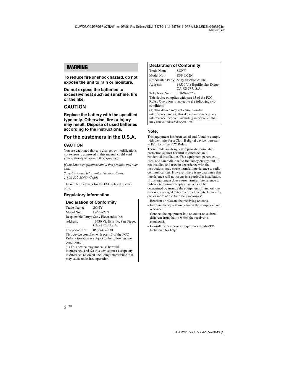 Warning, Caution, For the customers in the u.s.a | Sony DPF-D72N User Manual | Page 2 / 64