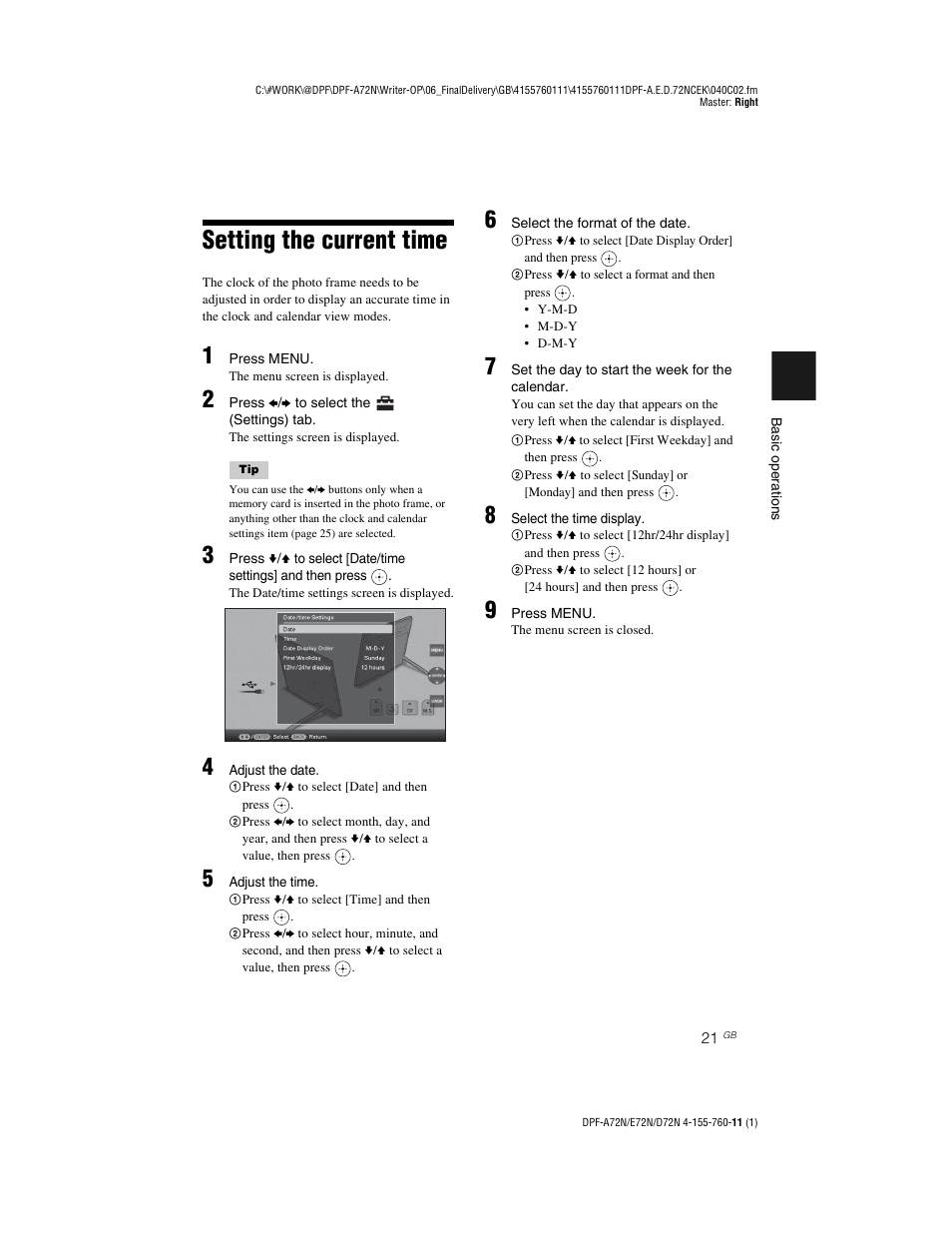 Setting the current time | Sony DPF-D72N User Manual | Page 21 / 64