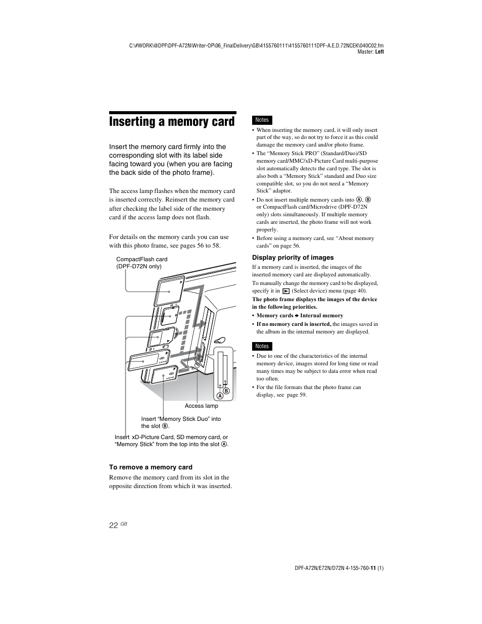 Inserting a memory card | Sony DPF-D72N User Manual | Page 22 / 64
