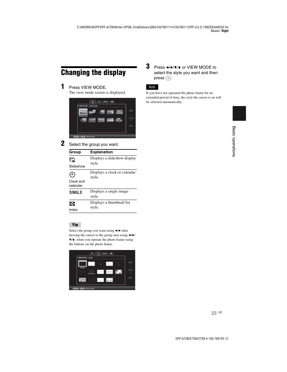 Changing the display | Sony DPF-D72N User Manual | Page 23 / 64